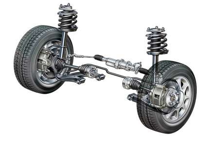car front suspension with wheels and tyres
